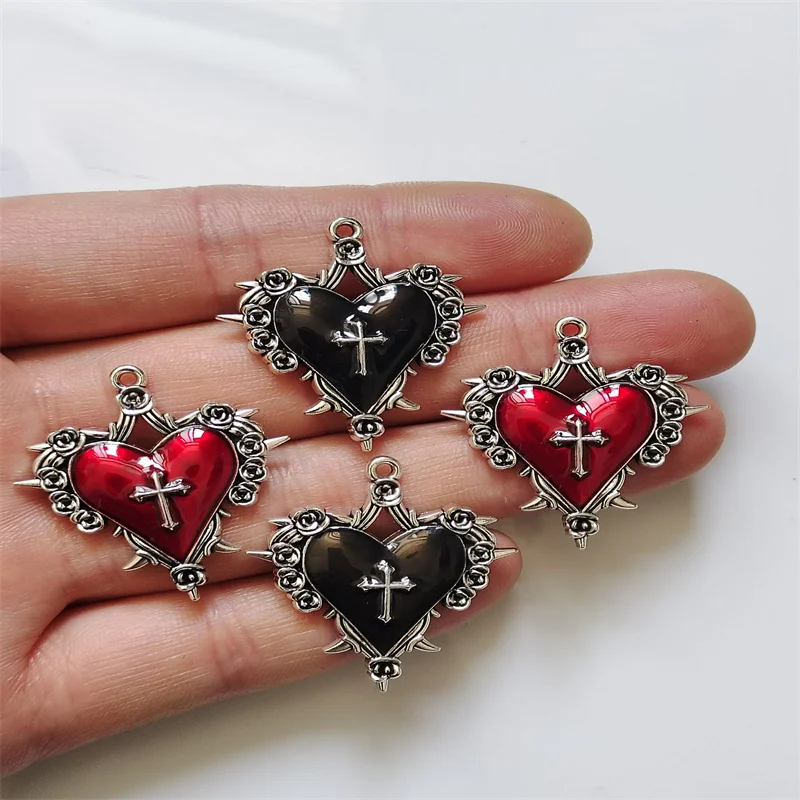 4pcs 30*34mm Thorn Rose Cross Heart Charms Enamel Halloween Pendant Designer Charms Fit Jewelry Making DIY Jewelry Findings