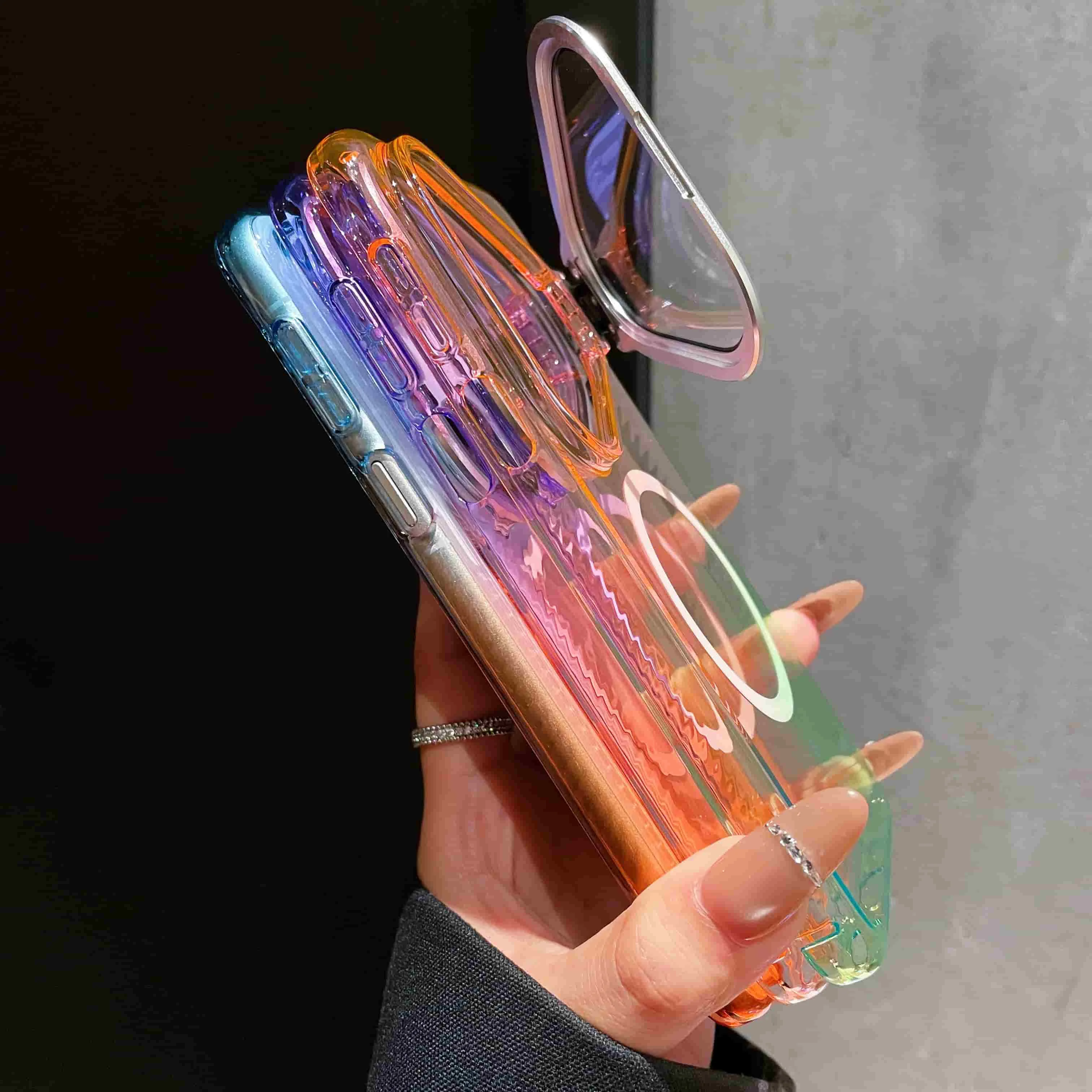 Etui na Huawei Pura 90S 90 Pro Max 80 70 Pro + Magnetyczny Niewidoczny Uchwyt na Obiektyw Przezroczysta Gradientowa Kolorowa Akrylowa Obudowa Funda — zdjęcie produktu 5