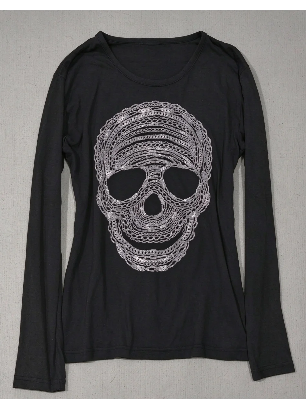 New autumn and winter retro punk silver chain skeleton pattern long sleeved top, dark wasteland gothic spicy girl street trend