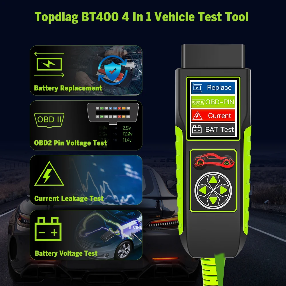 Topdiag BT400 Car Battery Tester Automotive OBD Scan 12V/24V 20-2000 CCA Battery Analyzer Load Test Auto Cranking Charging Tool