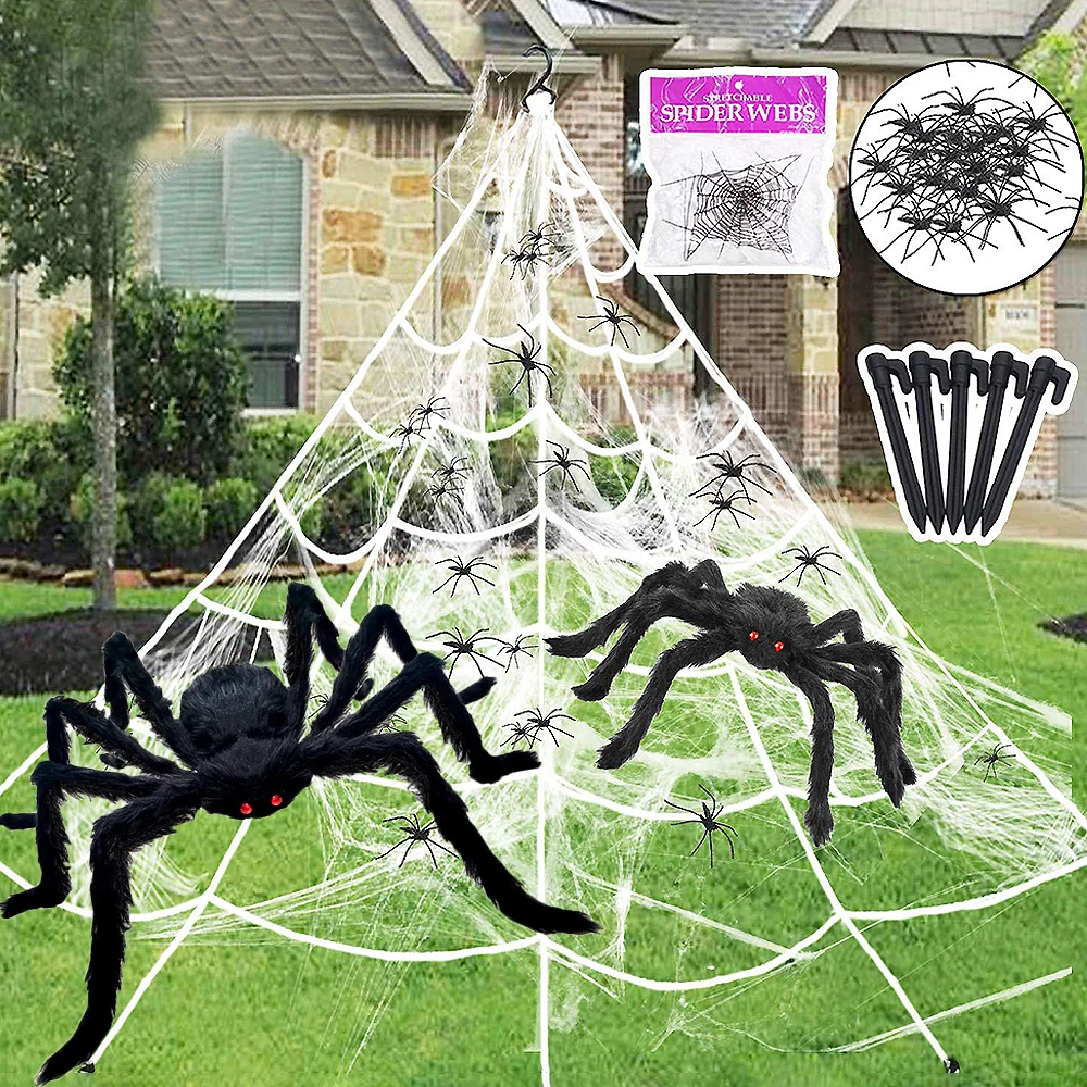 Halloween Black Scary Giant Spider Huge Spider Web Halloween Decorations Haunted House Plush Large Araneid Prank Trick Supplies