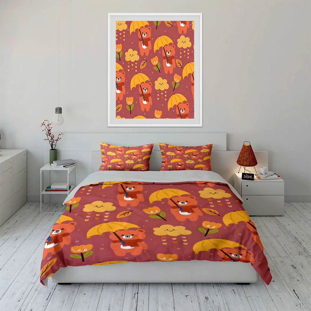 Cute bear with umbrella and flowers Print Soft Comfortable Duvet Cover Bedding Set Included 1*Duvet Cover  2*Pillowcases