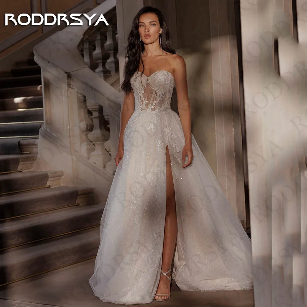 RODDRSYA بدون حمالة فستان زفاف تول vestidos novias boda حبيبته رقبة دانتيل بخط منقسم يزين عاري الظهر فستان زفاف فستان الزفاف الشيفون بلا حمالة مع Vestidos Novias بودا سويت طوق التعادل فساتين العرائس