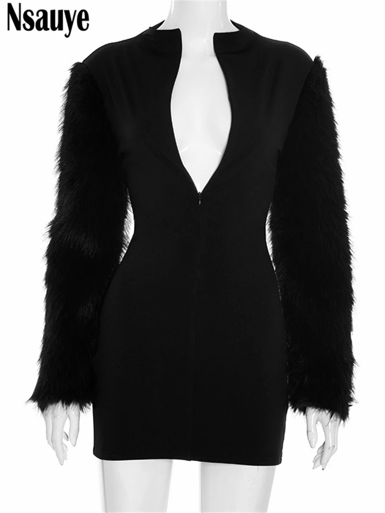 Nsauye Nepbont Lange Mouw Vrouwen Chic Zwart Bodycon Mini Mode Jurk Outfits Y2K Wrap Avondfeest Sexy Night Cub Jurk 2025