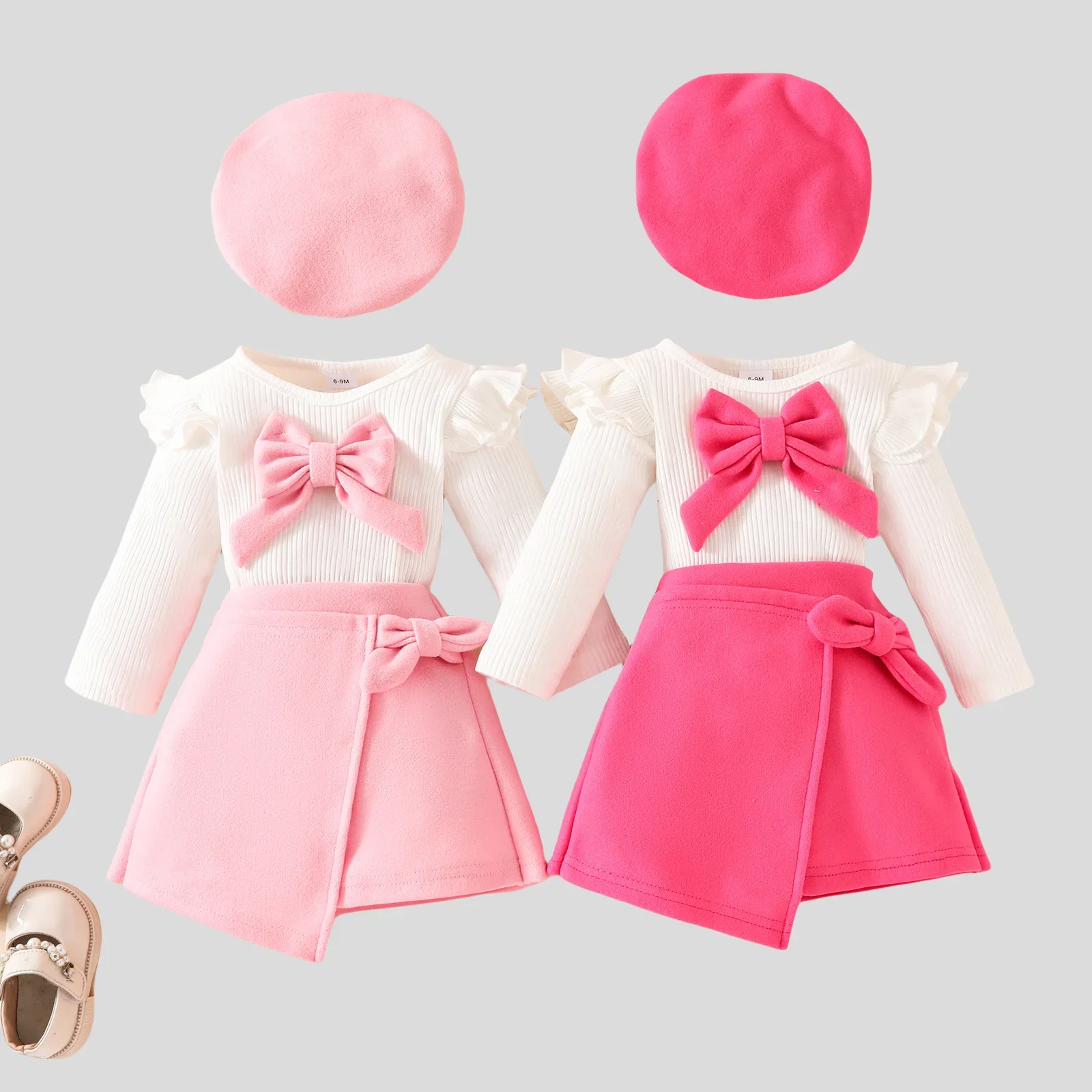 

Christmas Party Costumes Toddler Girl 3-Piece Outfit Set Bow Beret Ruffle Sleeve Ribbed Top & Skirt Sweet Style Girls Clothes