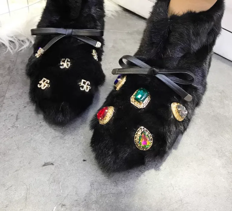 Womens Round Toe Rainbow Diamond Real Mink Fur Ankle Boots Snow Warm Winter Shoes Thick Furry Black Luxury New 2024