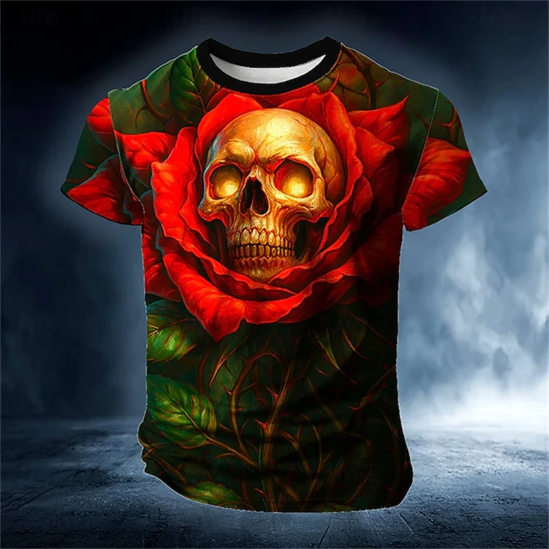 

3D Rose Skull Print Men's T-shirt Summer Fashion Loose Round Neck Short Sleeve Tops Outdoor Dazzling Cool Pattern Men Clothing