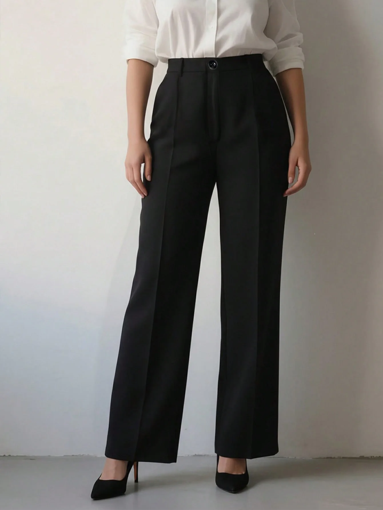 Pantalones de Vestir de Pierna Ancha y Cintura Alta para Mujer, con Detalle de Costura Frontal, Pierna Recta, para Oficina, Trabajo Formal, Traje Negro
