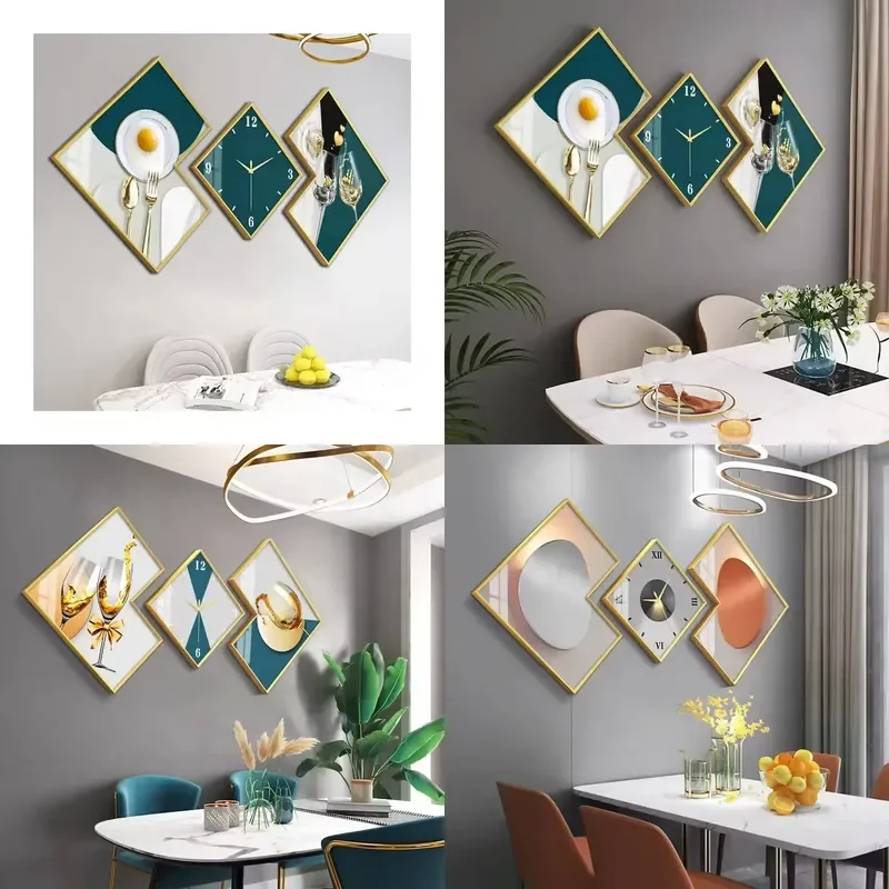 Luxury Crystal Porcelain Abstract Painting with Clock Atmospheric Frame Art for Dining Room Wall Home Decoration