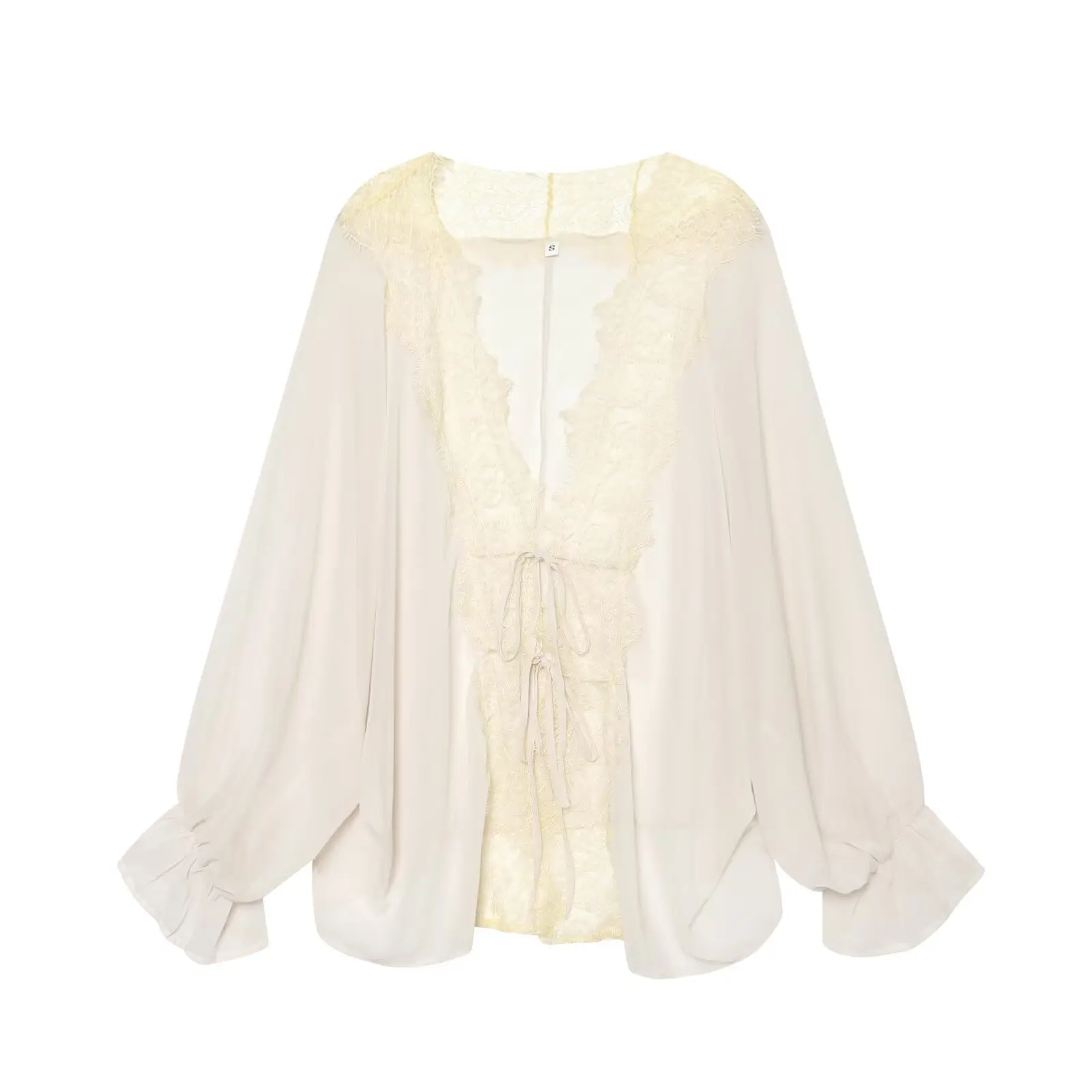 Lace Patchwork Crop Top Lantern Sleeve Sheer Blouse Elegant Style for Women - White