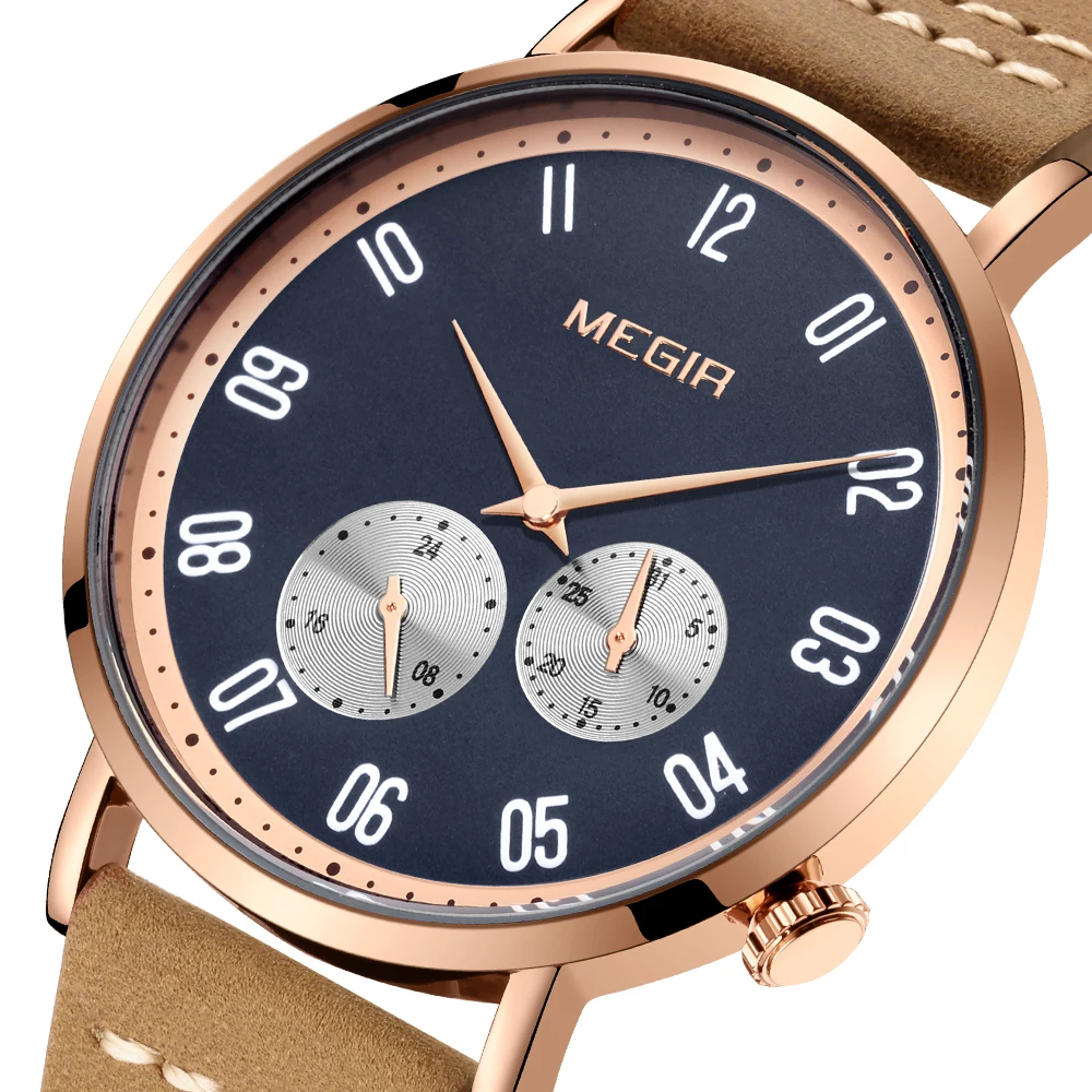 MEGIR 1023, mode sporthorloge, kaki lederen band, kalender, lichtgevende wijzers, waterdichte heren quartzhorloges