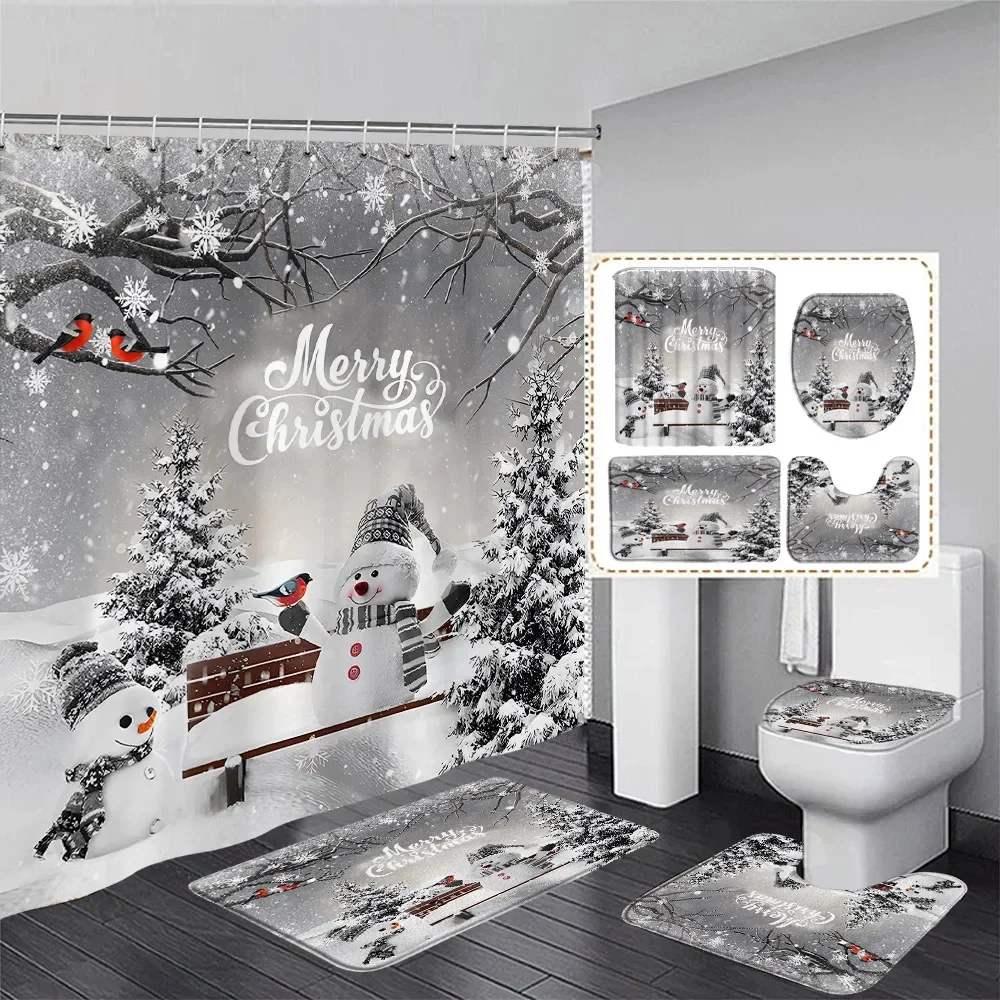 Merry Christmas Shower Curtain Set Funny Snowman Cedar Bird Winter Forest New Year Bathroom Decor Door Rug Bath Mat Toilet Cover