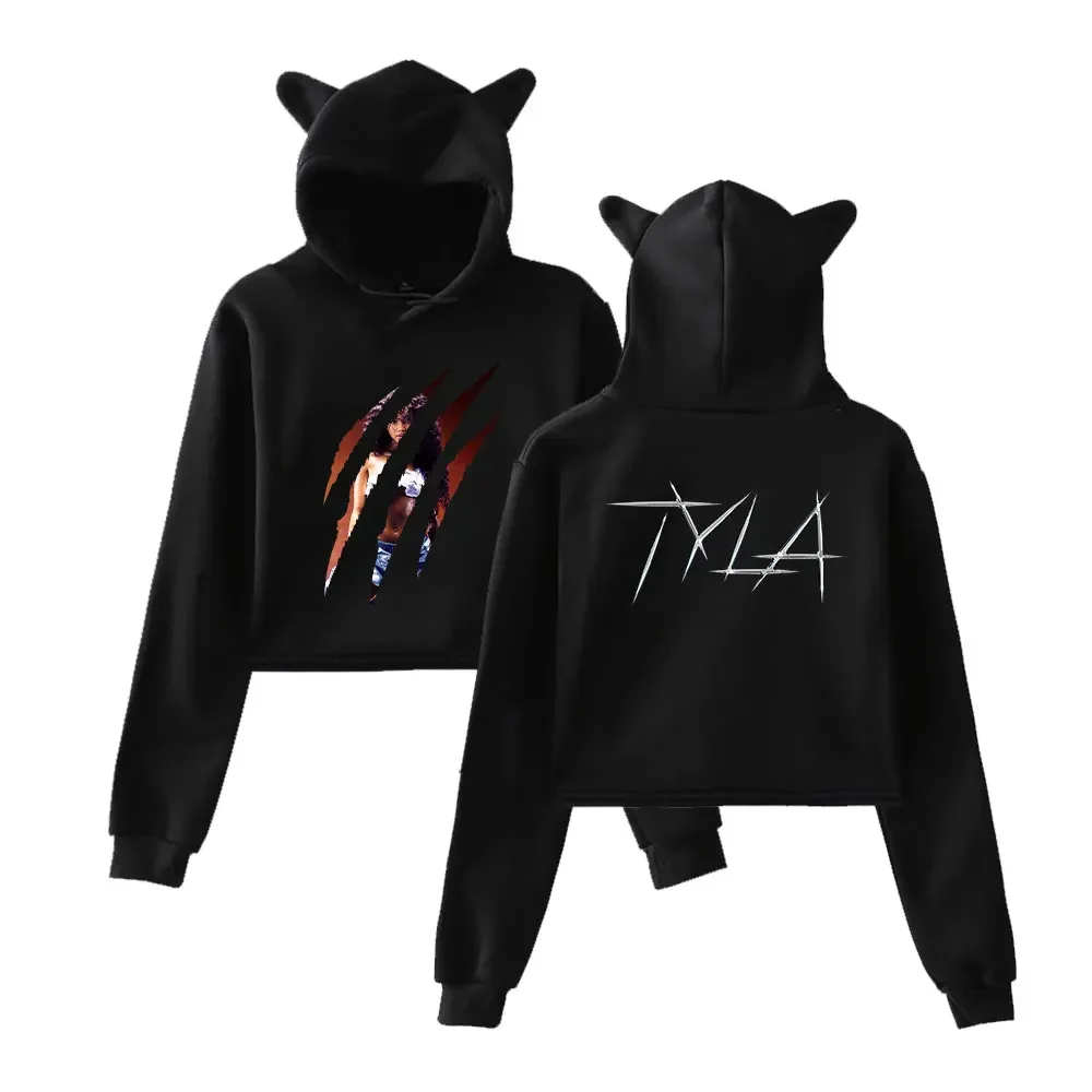 Tyla Scratch Merch Crop Top Hoodie for Teenage Girls Streetwear Hip Hop Kawaii Cat Ear Harajuku Cropped Sweatshirt