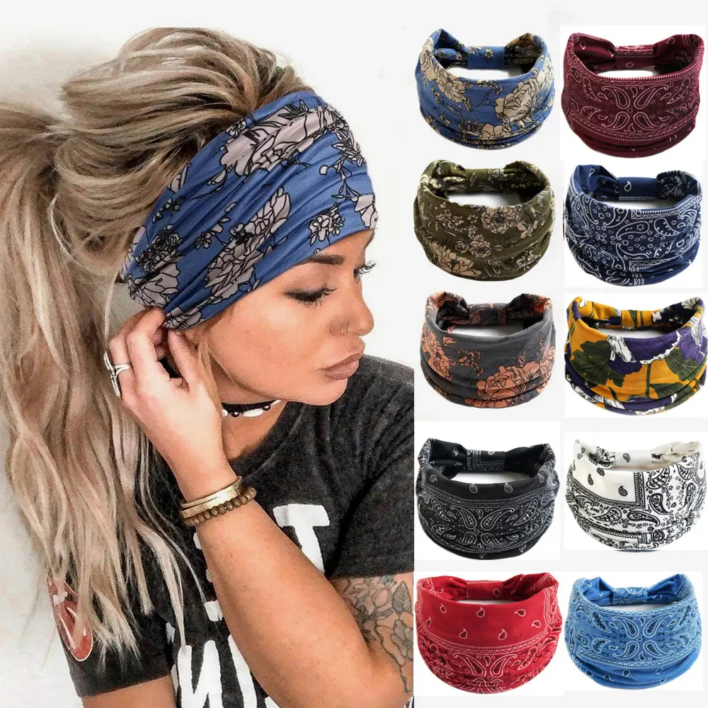 Boho Flower Print Wide Headbands Vintage Knot Elastic Turban Headwrap for Women Girls Cotton Soft Bandana Hair Accessories