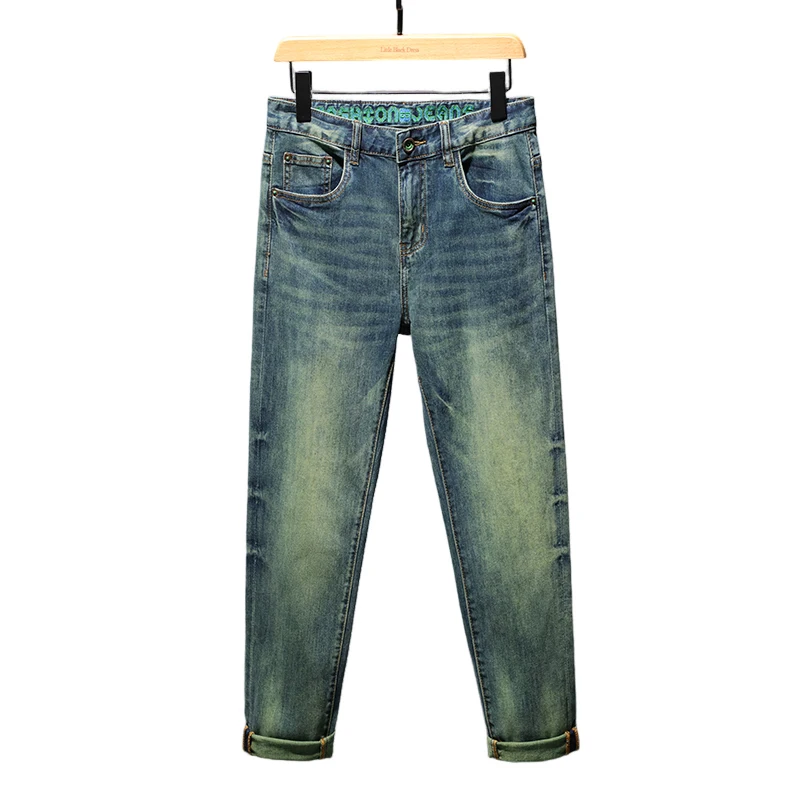 Retro blue-green jeans men's high-end washed slim fit skinny elastic trend all-match street fashion long pants