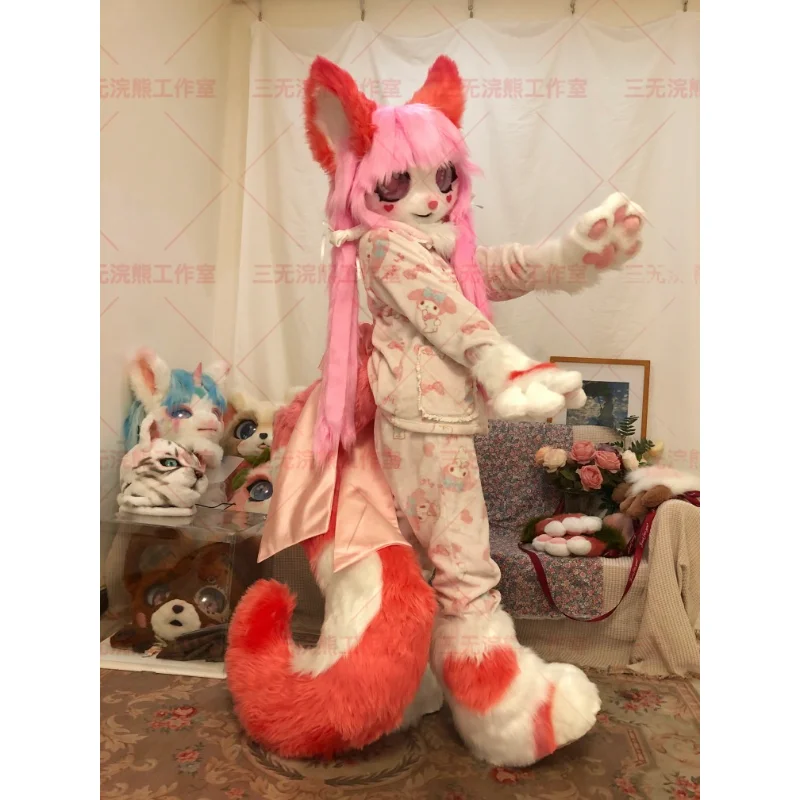 

Pink Husky's Head and Tail Beast Furuit Custom Furry Plush Doll Costume Large Event Performance Costume