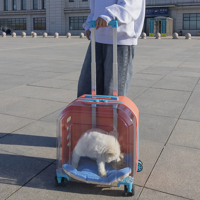 Cat Kennel Trolley Case Portable with Wheel Pet Carrier Fully Transparent Airline Approved Breathe Travel Dog Carrier bag