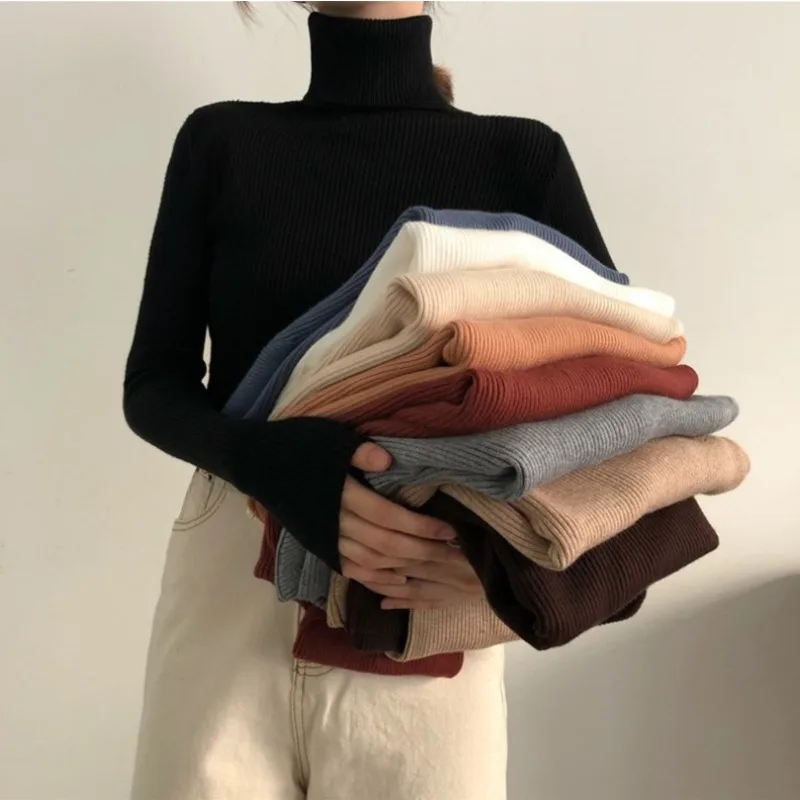 Sweater Pullover wanita, Turtleneck elegan untuk musim gugur musim dingin, atasan rajut Dalaman ramping kasual lengan panjang, Sweater tarik Femme