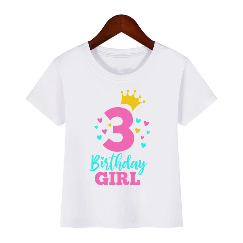 Lovely Baby Girl T-shirt Fashion Crown Print 3-9 Years Kids Birthday Party Clothes Cute Graphic White Short Sleeve T Shirts Gift