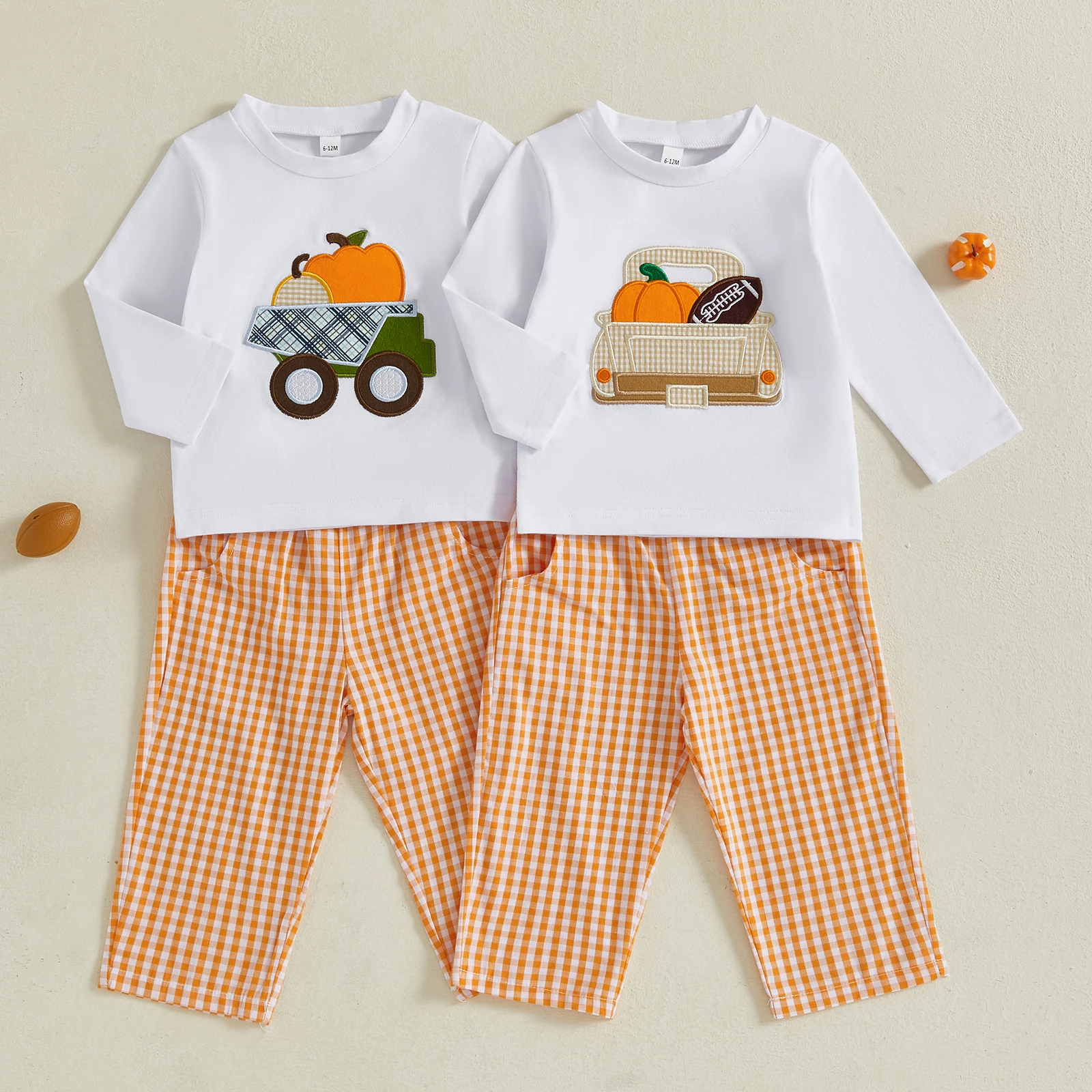 

Lioraitiin Toddler Baby Boy Halloween Outfit Pumpkin Embroidery Long Sleeve Sweatshirt with Plaid Pants 2Pcs Set