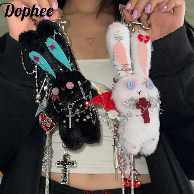 

Dophee Original Sweet Plush Rabbit Doll Keychain Subculture Y2K Millennium Hot Girl Cross Chain Bag Decoration Backpack Pendant