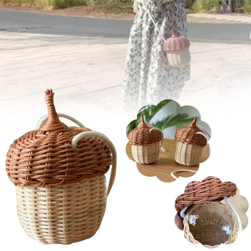

New Acorn-shaped Storage Basket Hand-woven Round Rattan Bag Bucket Tropical Beach Style Woven Shoulder Bag Photo Props