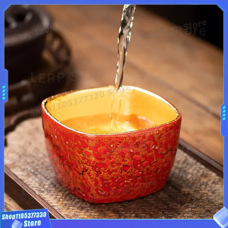 High End Square Ceramic Kung Fu Tea Cup Large Lacquer Gilt Master Cup Single Teaware with Gift Box for Drinking Luxury Gilt