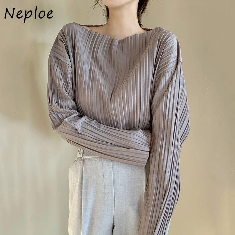 Neploe Korean Autumn Simple O-neck Pullover Shirts Solid Color Chic Pleated Women Blouse All-match Long Sleeve Femme Blusas