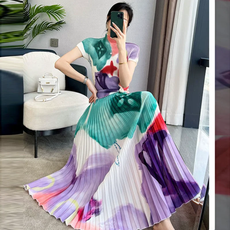 Summer Elegant Color Blocks Skirt Set Gradient Dye Tie Casual Stretch Top A-line Pleated Long Skirts Two-piece Clothing Set