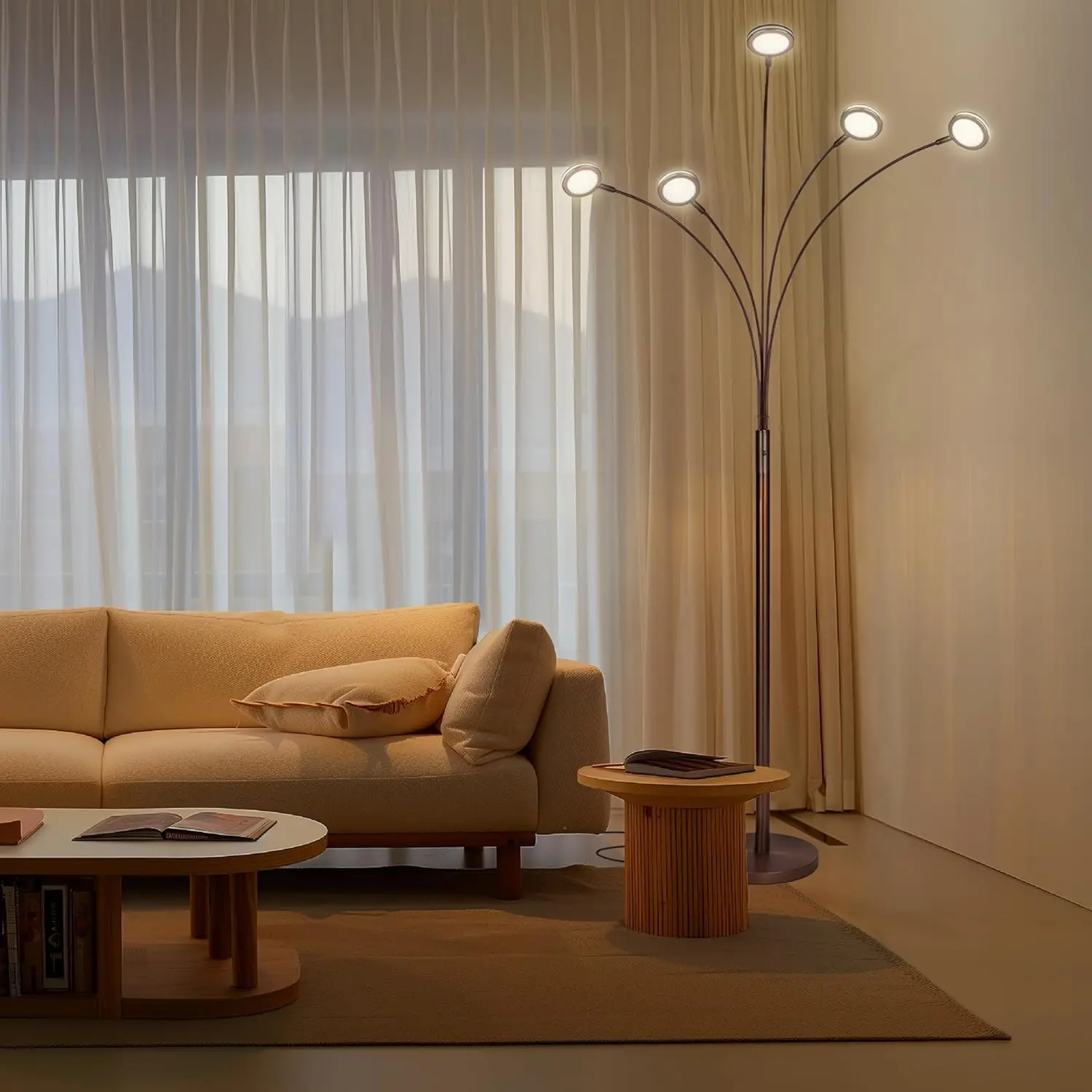 5-Arm Adjustable Arc Floor Lamp with Rotating LED Lights for Living Room and Bedroom - Bronze view 2