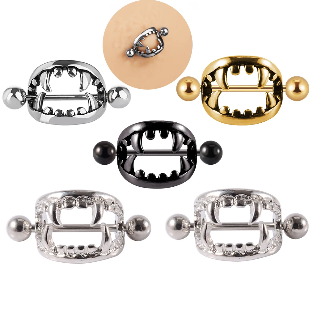1/2PCS Punk Teeth Nipple Rings Shield Cover Barbell Nipple Piercings for Women Sexy Teeth Body Piercing Jewelry