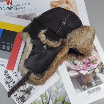 Russo unisex vera pelle di pecora vera pelliccia di coniglio cappelli uomo donna inverno all'aperto vera pelliccia di coniglio cappelli bomber berretto di pelliccia calda naturale