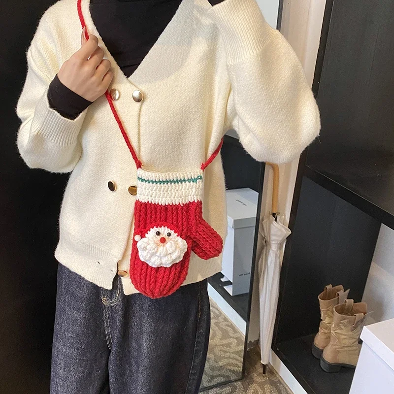 

Red Christmas Glove Crochet Bag Lady Girls Woolen Knitting Crossbody Bag for Women Casual Cross Body Phone Bag Purse