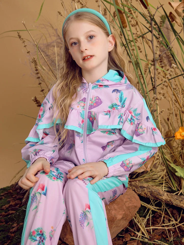 Girls Printed Two Piece Pant suit Long Sleeve Pleated Ruffles Casual Sweet Jacket and Trouser