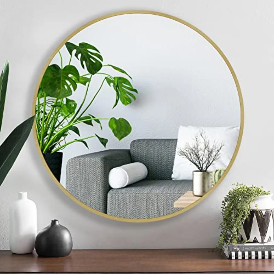 

24 Inch Tempered Glass Round Mirror, Bathroom Mirror, Metal Frame Vanity Mirror, Circle Wall Mirror for Bathroom Bedroom Living