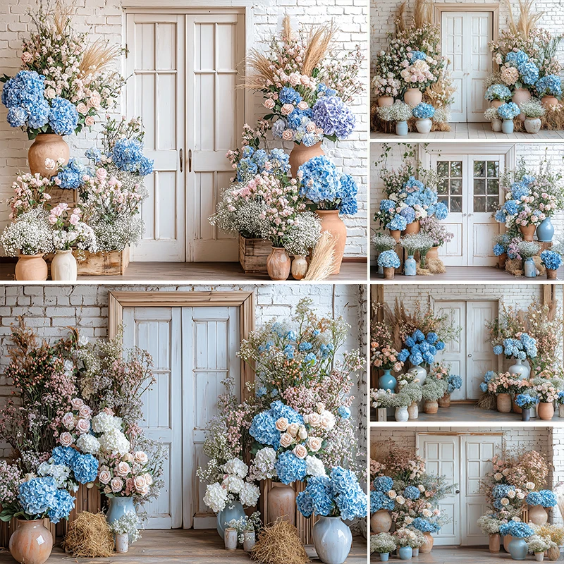 

LS Boho Wedding Photography Backdrop Colorful Flower White Brick Wall Background Maternity Baby Birthday Photo Studio