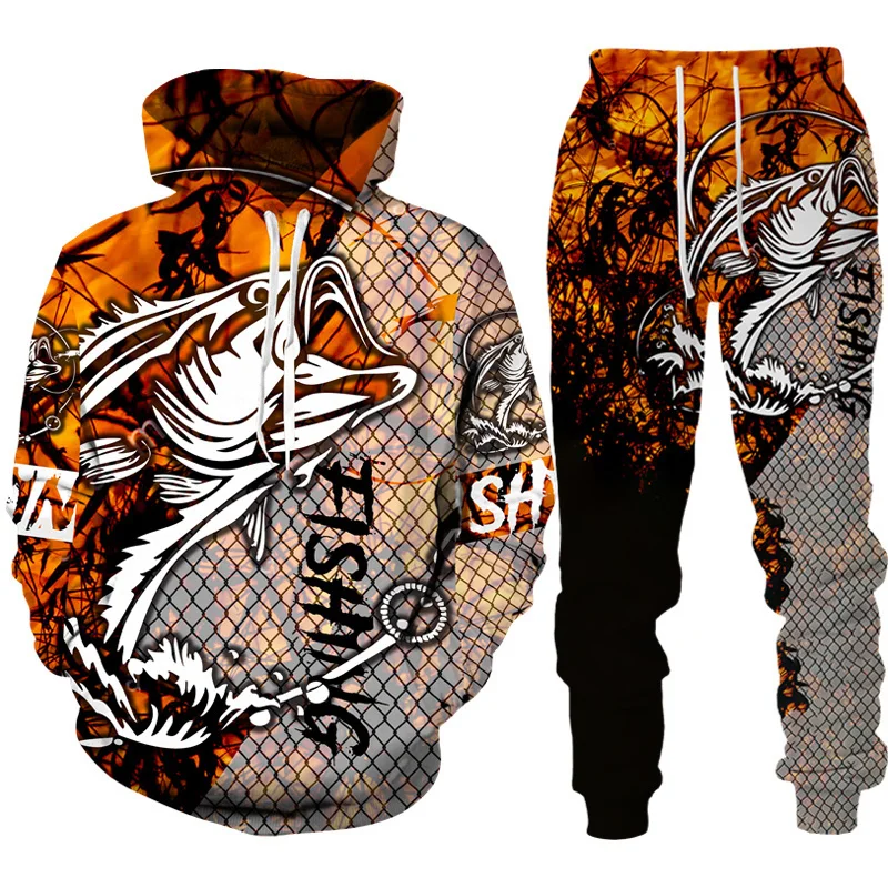 Suits 3D Fish Printed Boys Girls Hoodie +Pants 2pcs Sets Camo Fishing Hunting Camping Clothes Fashion Outdoor Sportswear Set