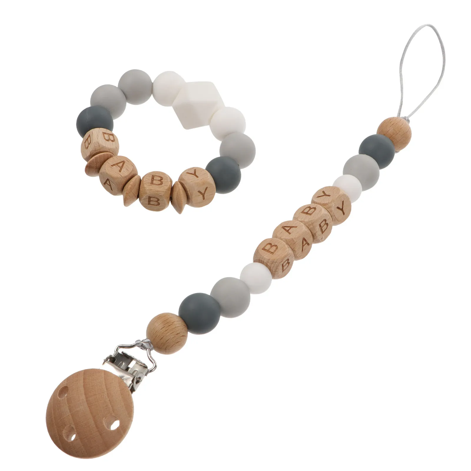 1 Set de Mordedores de Silicona para Bebés, Mordedor de Madera con Diseño de Dibujos Animados para Aliviar el Dolor de Dentición, Cadena para Chupete, Mordedor de Entrenamiento para Bebés