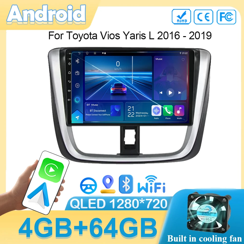 Android 14 Car Radio For Toyota Vios Yaris L 2016 - 2019 Navigation GPS Stereo Auto Multimedia Wireless 5G WIFI Carplay  CPU DVD