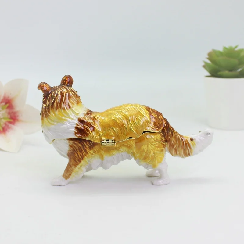 SHINNYGIFTS Collie Dog Trinket Box Enamel Dog Jewelry Box Hand Painted Collectible Animal Figurine for Home Decor