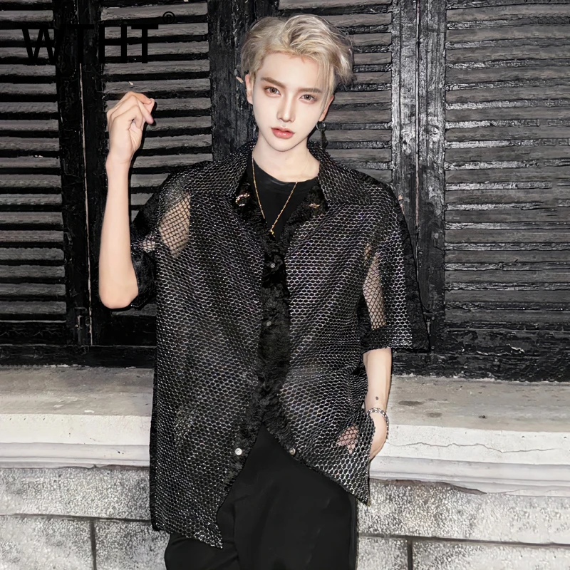

WTHT Trendy Men's Gauze Hollow Out Solid Color Lapel Shirts Fashion 2025 Summer Short Sleeves Single-breasted Tops Male 2A1399