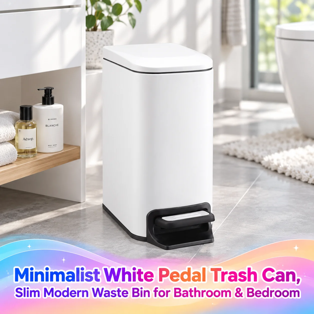 Slim White Step-On Bathroom Trash Can with Lid, 1.6 Gallon, Soft Close & 90° Stay Open Lid, Odor Control Waste Bin with Durable Steel Pedal for Bathroom, Bedroom & Office