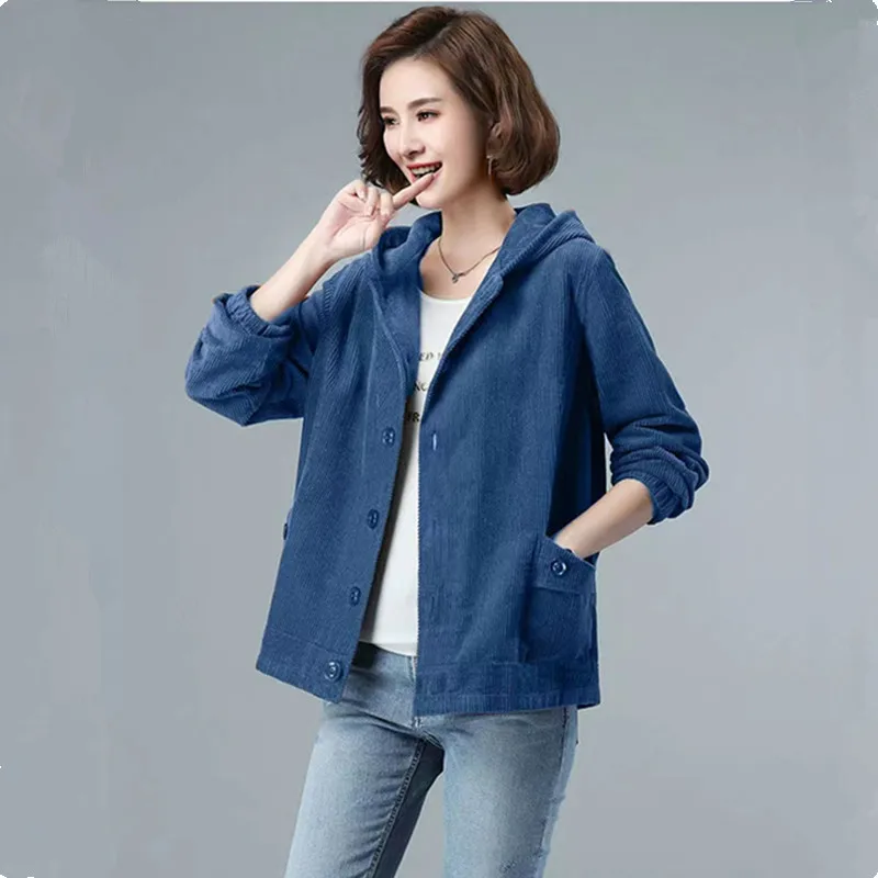 Corduroy Hooded Jacket Women Fashion Pocket Single Breasted Autumn Winter Coat Female Korean Loose 5XL Large Size Outerwear 2853