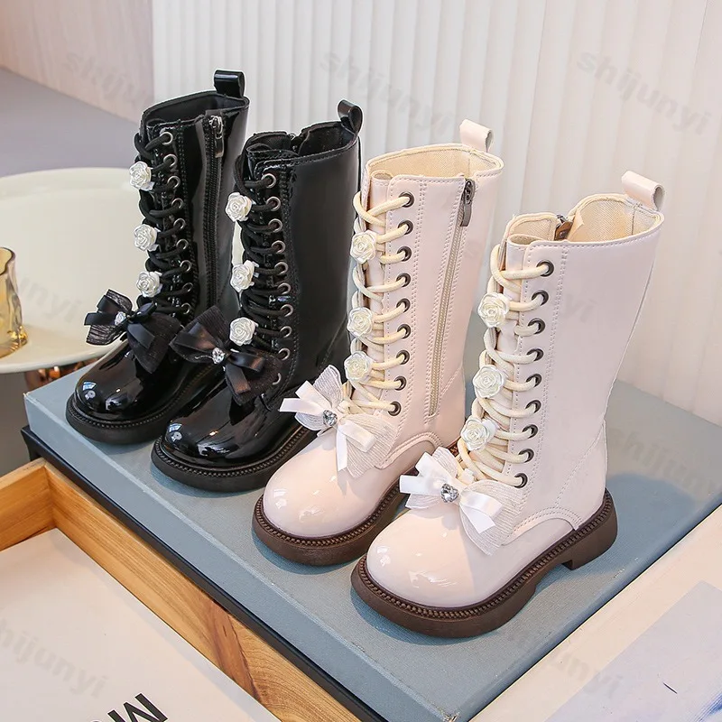 Autumn Girls Long Leather Boots 2026 Soft Soled Kids Fashion Princess Boots Bowknot Non-slip Outdoor Children Boots Plush Winter
