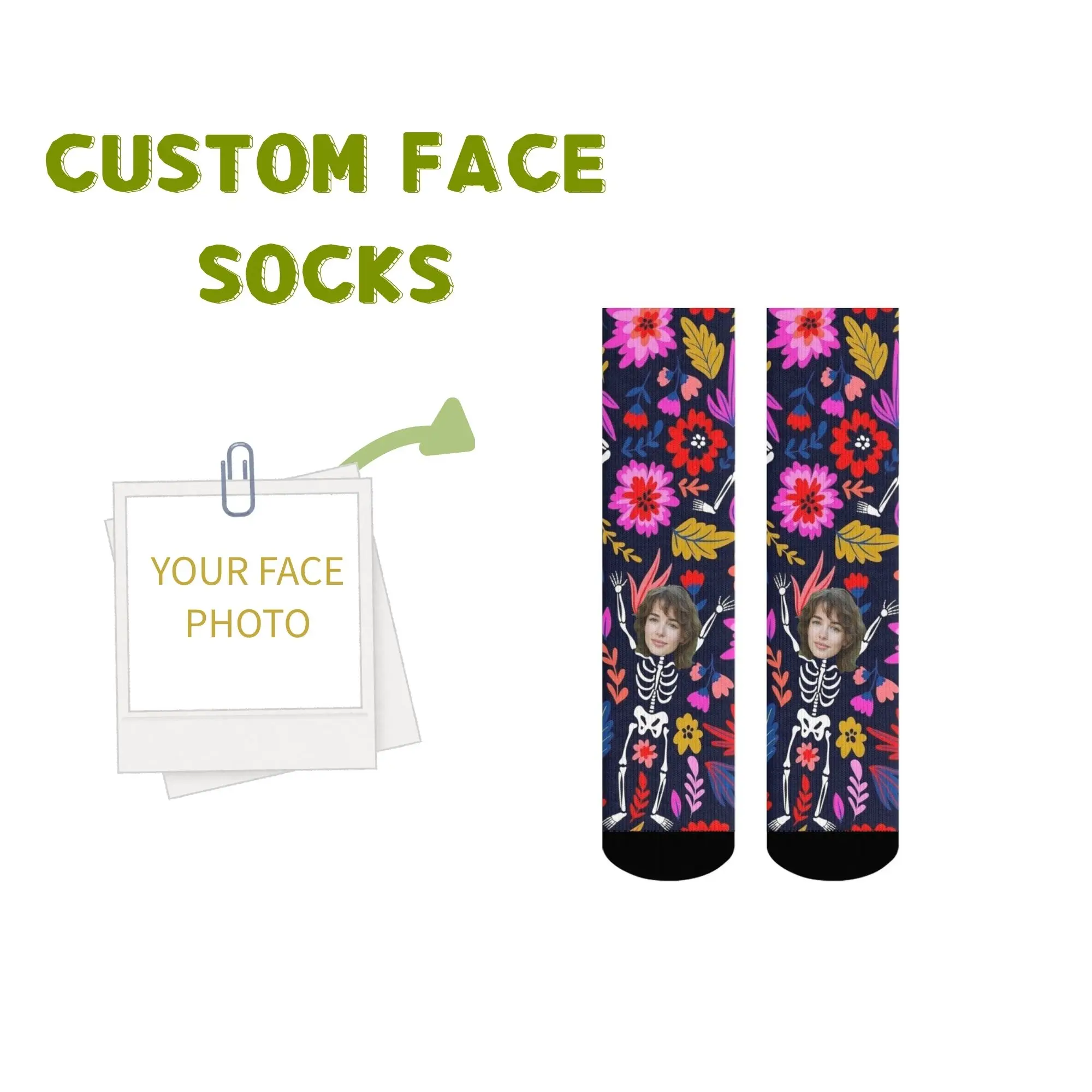 

Artistic Custom Face Skeleton Compression Socks Day of The Dead Festival Floral & Colorful Design Personalized Fashion Statement