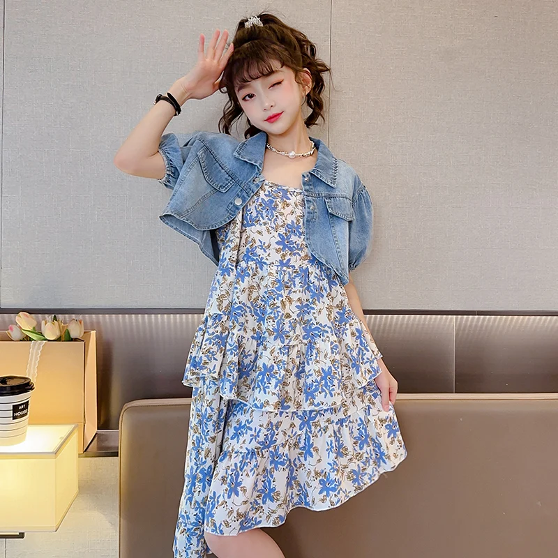 

2023 new summer denim chiffon dress set for comfortable breathable slip dress big brand design pleated blue floral vest skirt