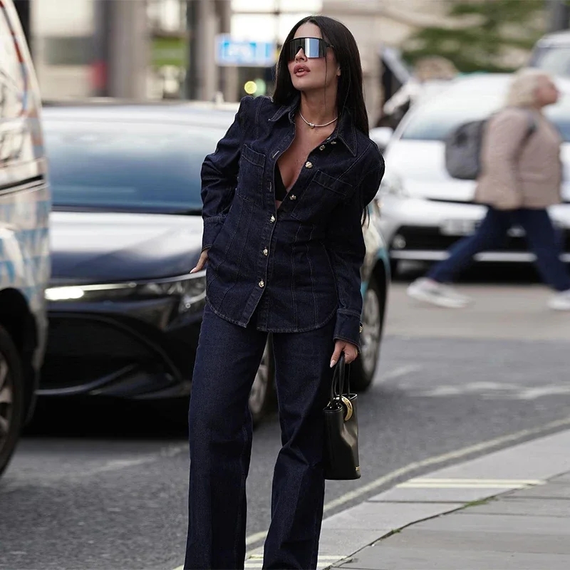 

Street Denim Shirt Jean Set Women Lapel Waist Up Long Sleeve Single Breasted Pocket Jacket Straight Trousers 2025 Lady Outfit