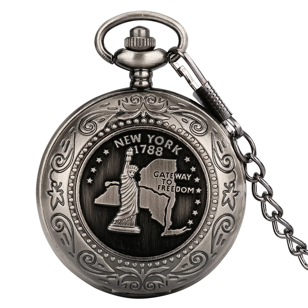 Vintage Unisex Quartz Pocket Watch American Statue of Liberty Thick Chain Personality Men Women Nostalgic Pendant Clock Souvenir