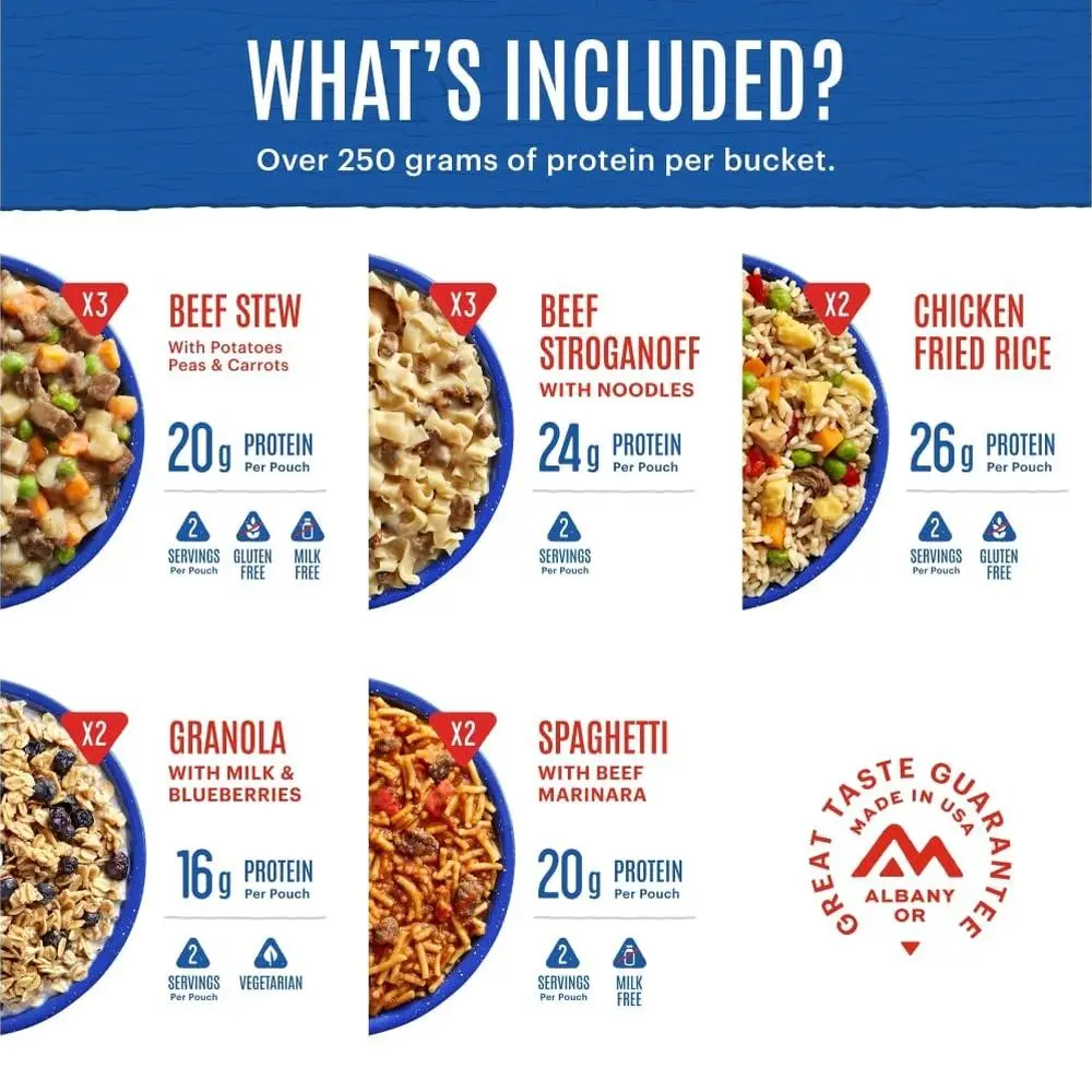 Secchio per assortimento di pasti classici, zaino in spalla liofilizzato e cibo da campeggio, 24 porzioni