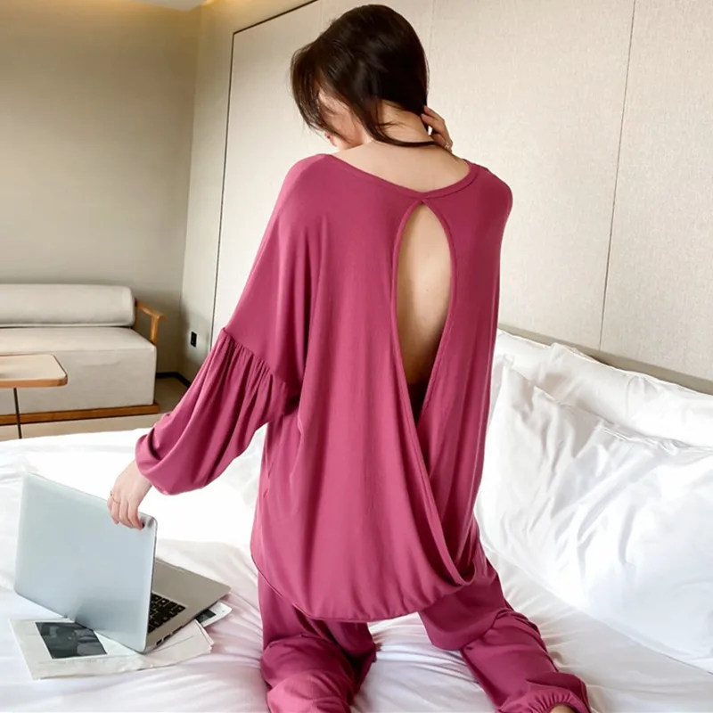 

XXL 3XL Spring Autumn New Threaded Pajamas Suit Women's Plus Size Sexy Backless Long Sleeve Homewear Sleepwear Set Pijama Mujer